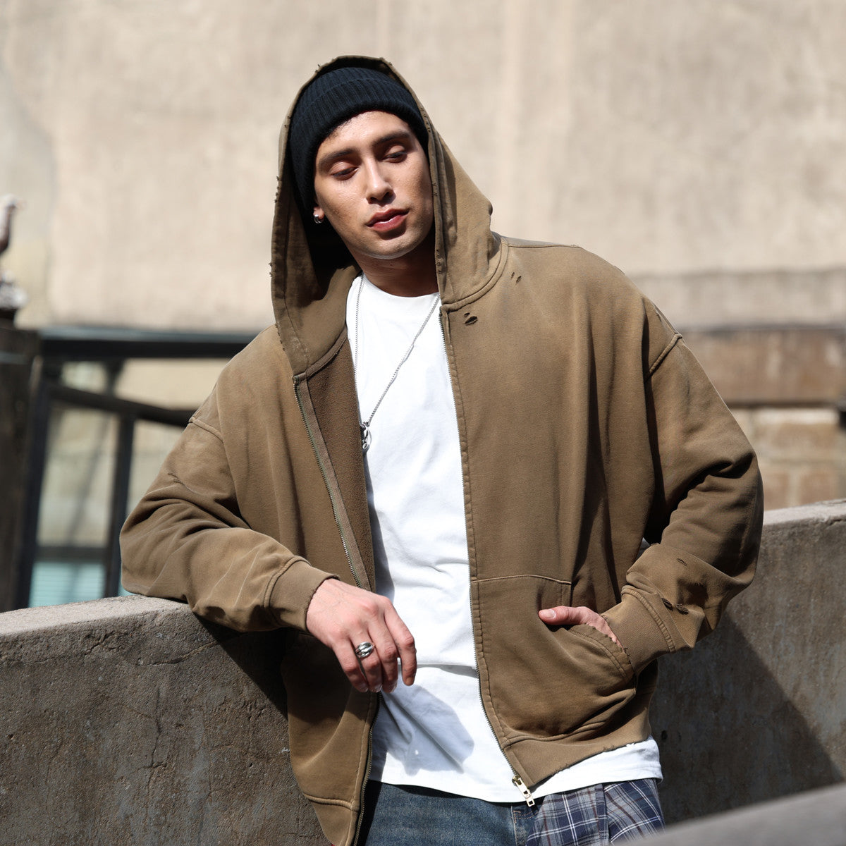 Unisex Heavyweight Washed Distressed Dystopian Streetwear Zip-Up Hoodie(420GSM)