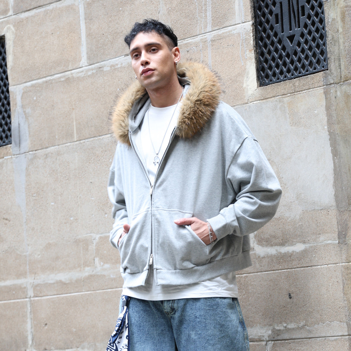 Unisex Fur-Trim Zip-Up Hoodie（400GSM）