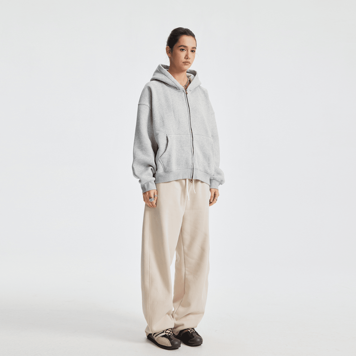 Unisex Boxy Cropped Fleece Zip-up Hoodie