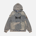 Unisex Washed Distressed Fuzzy Denim Hoodie