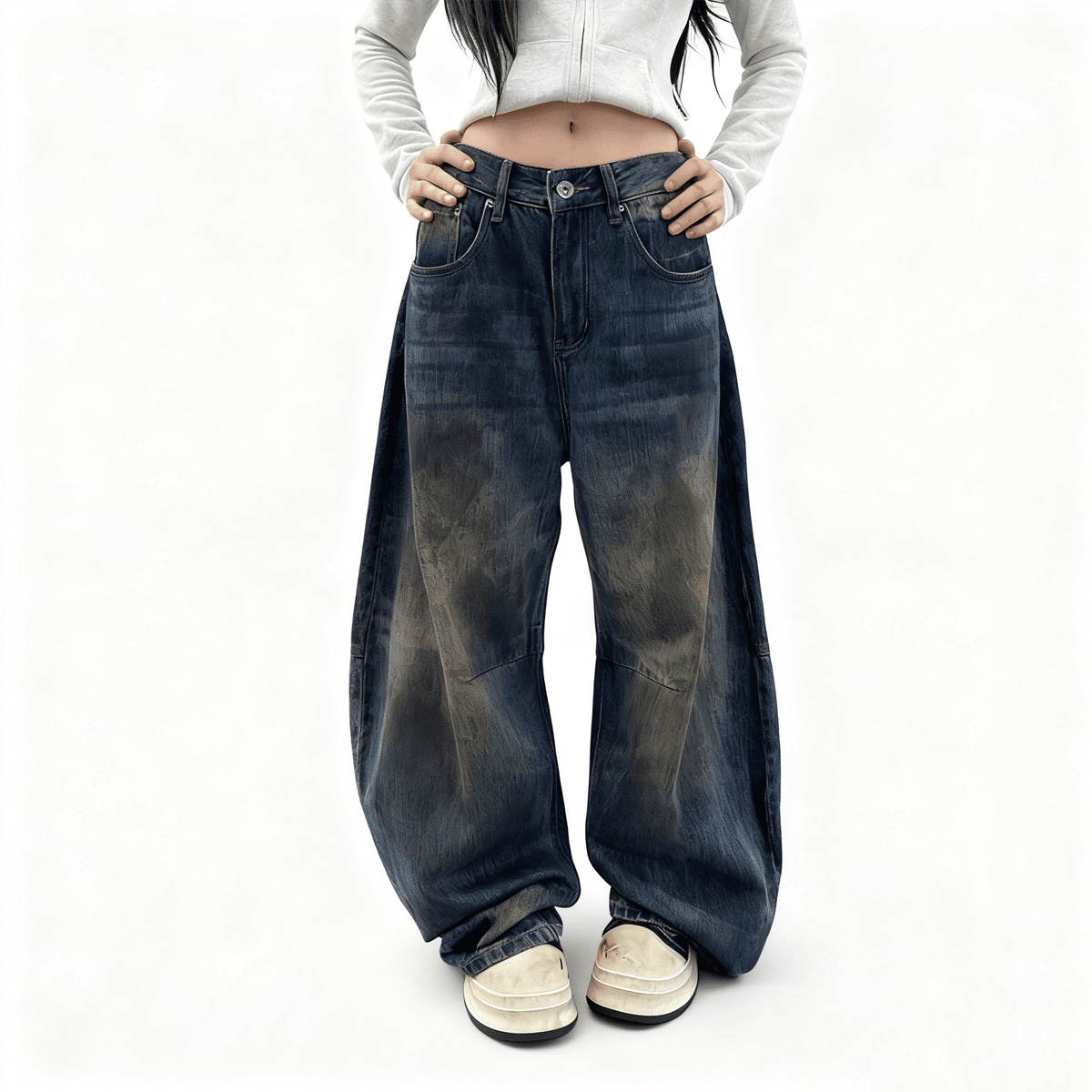 Unisex Patchwork Wide-leg Curved Blade Jeans