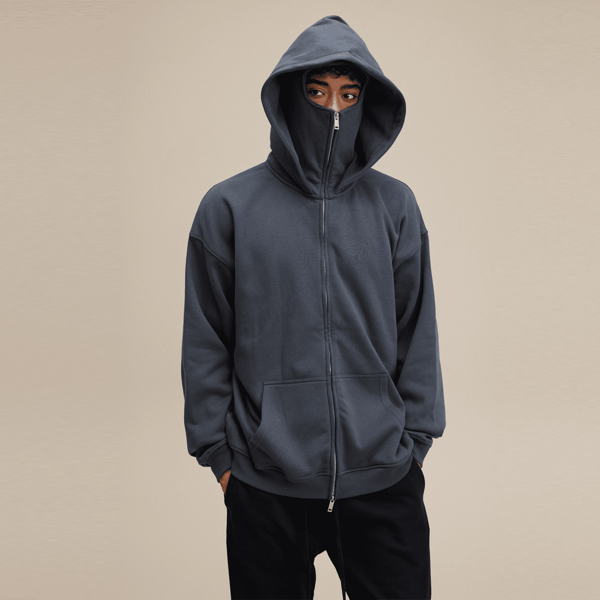 Windproof Sports Zip-up Hoodie with Built-in Face Mask