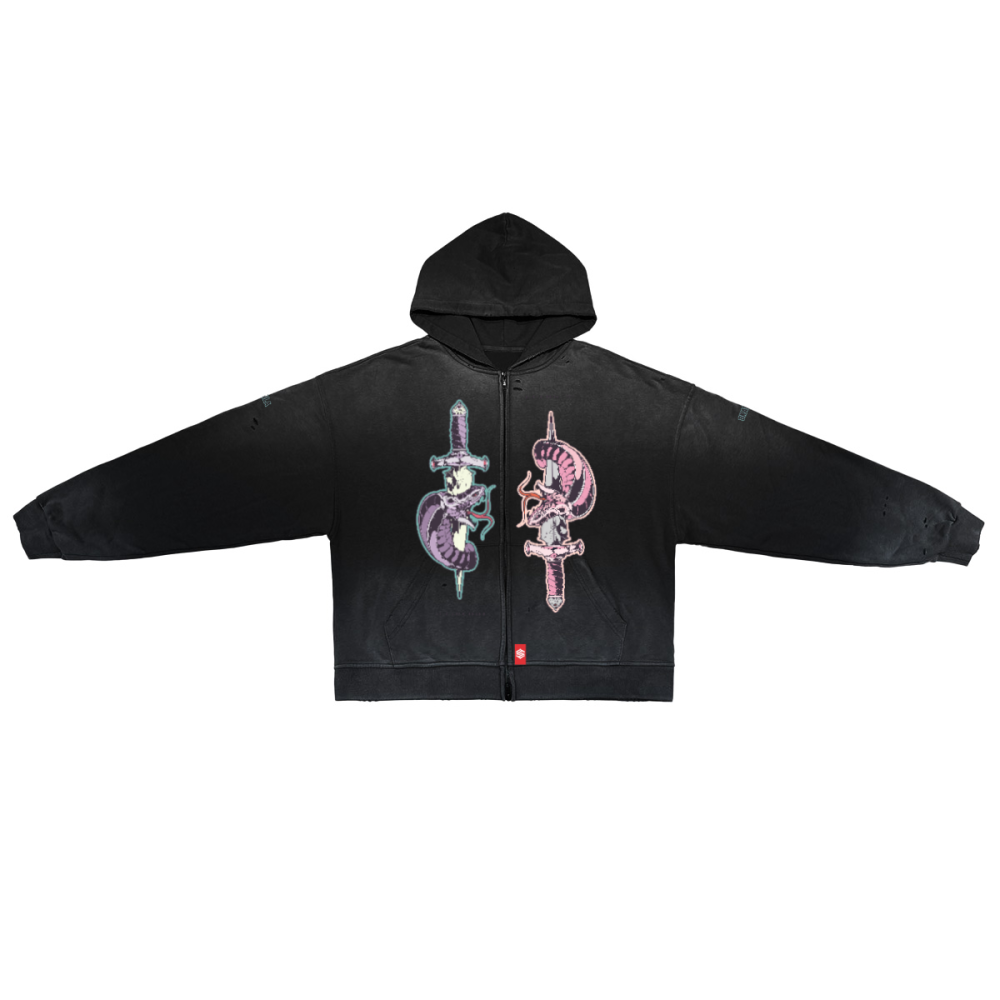 Unisex Washed Distressed Dystopian Streetwear Zip-Up Hoodie(420GSM)