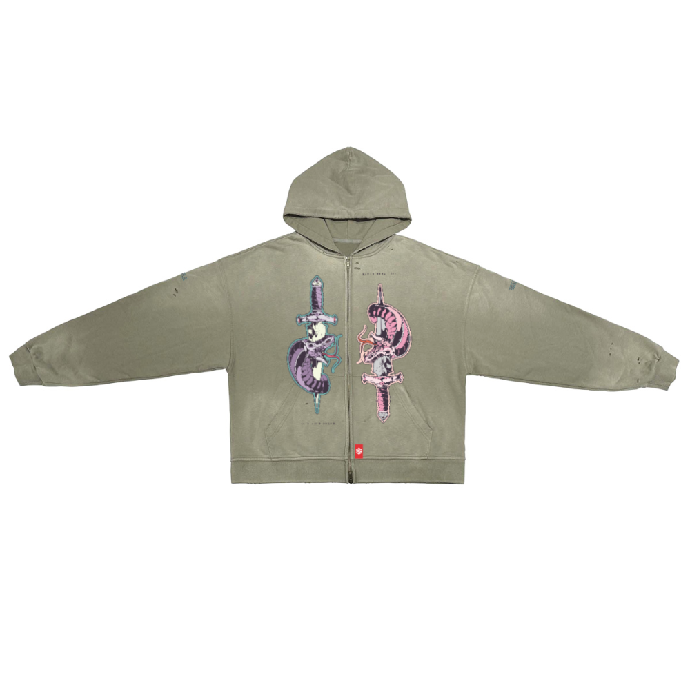 Unisex Washed Distressed Dystopian Streetwear Zip-Up Hoodie(420GSM)