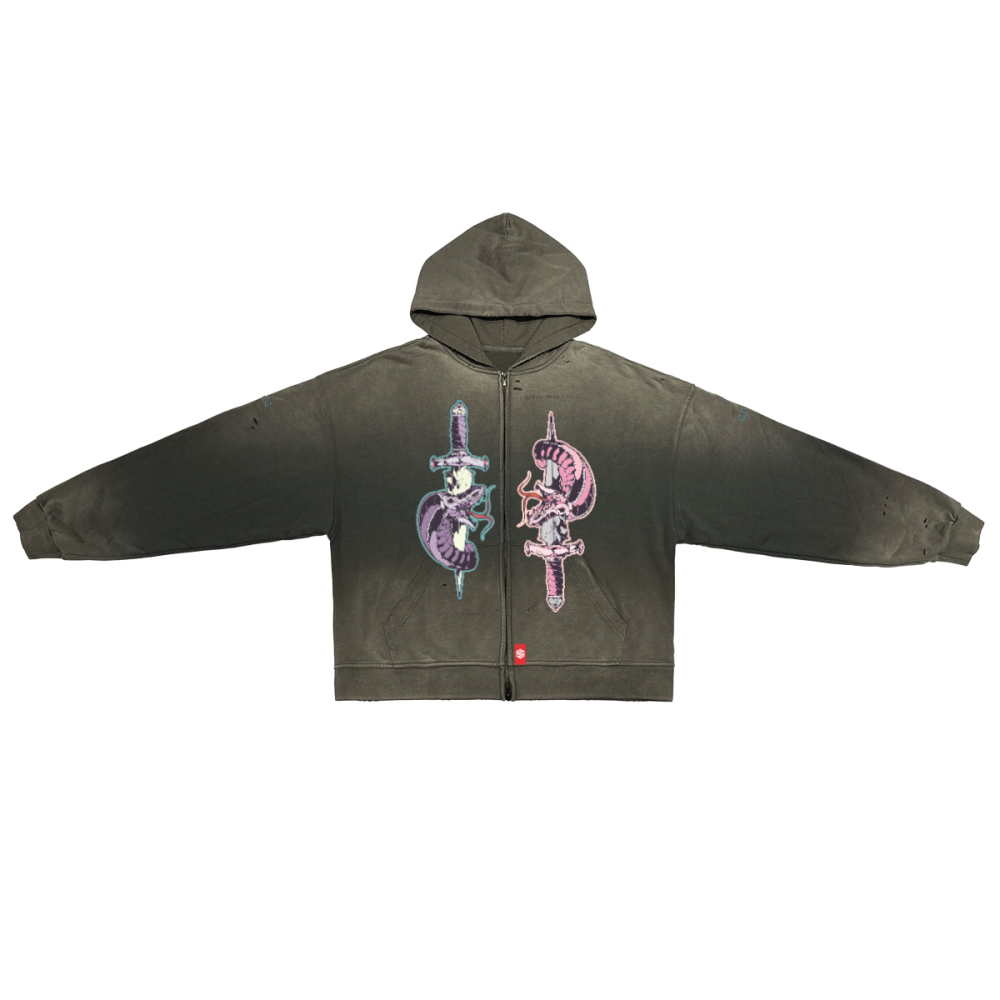 Unisex Washed Distressed Dystopian Streetwear Zip-Up Hoodie(420GSM)