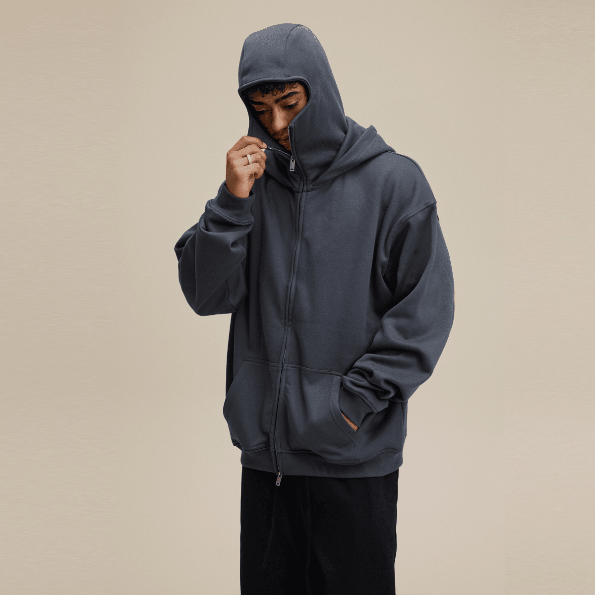 Windproof Sports Zip-up Hoodie with Built-in Face Mask