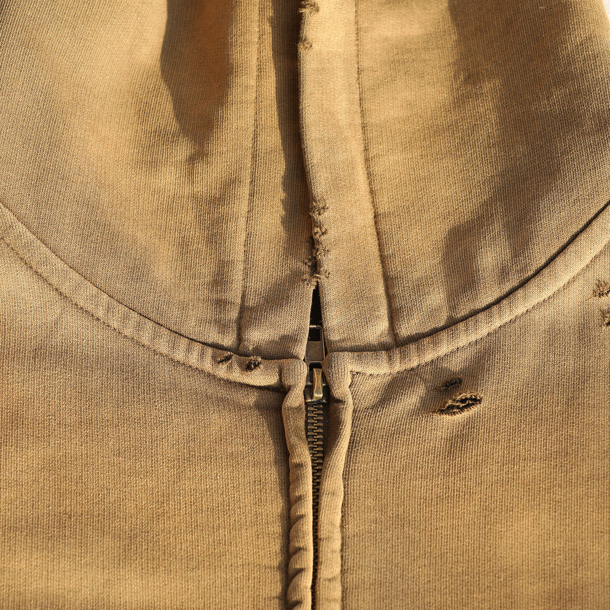 Unisex Heavyweight Washed Distressed Dystopian Streetwear Zip-Up Hoodie(420GSM)