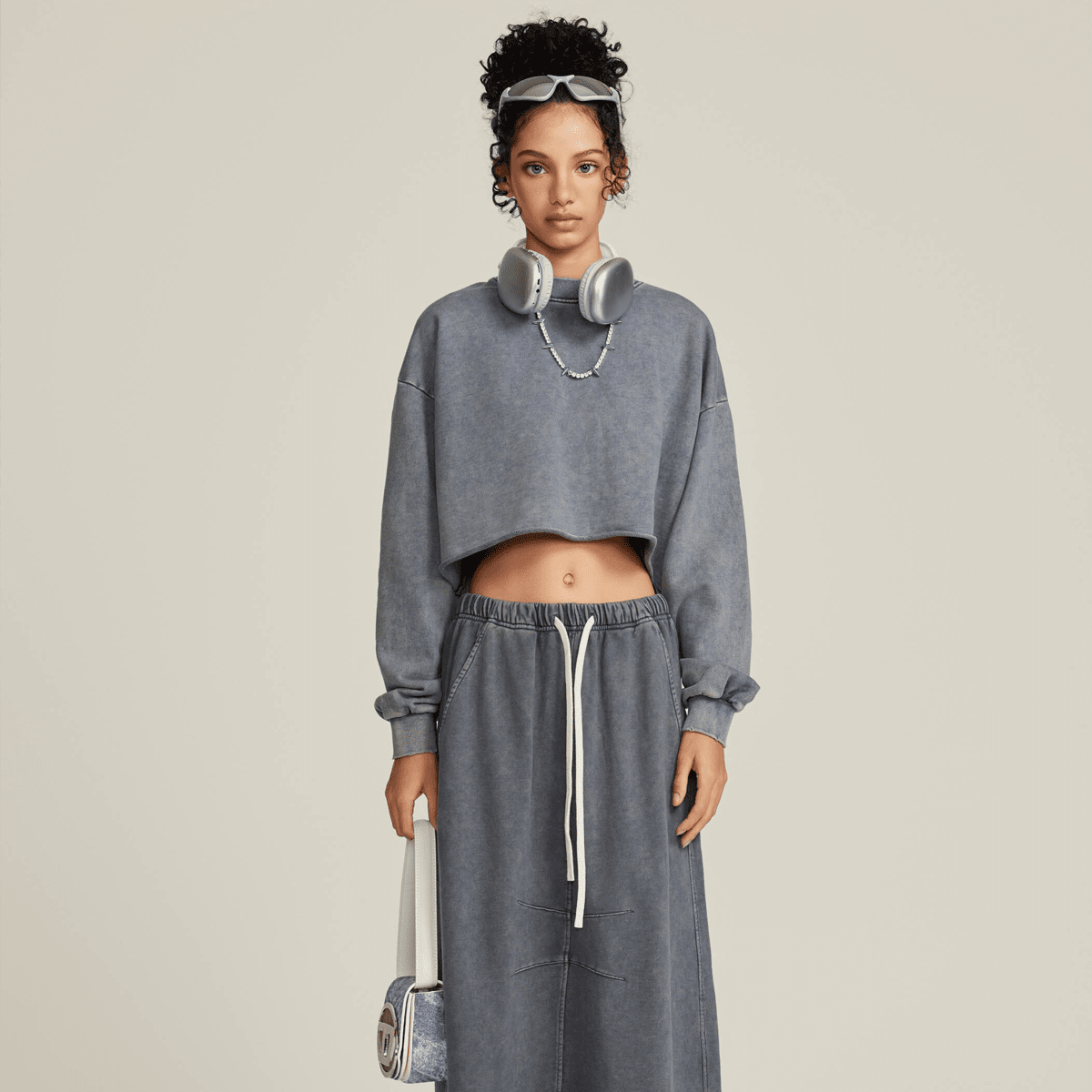 Cropped Oversized Washed Sweatshirt with Premium Cotton