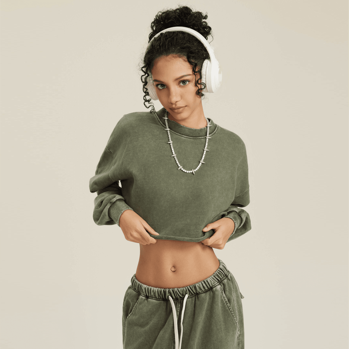 Cropped Oversized Washed Sweatshirt with Premium Cotton