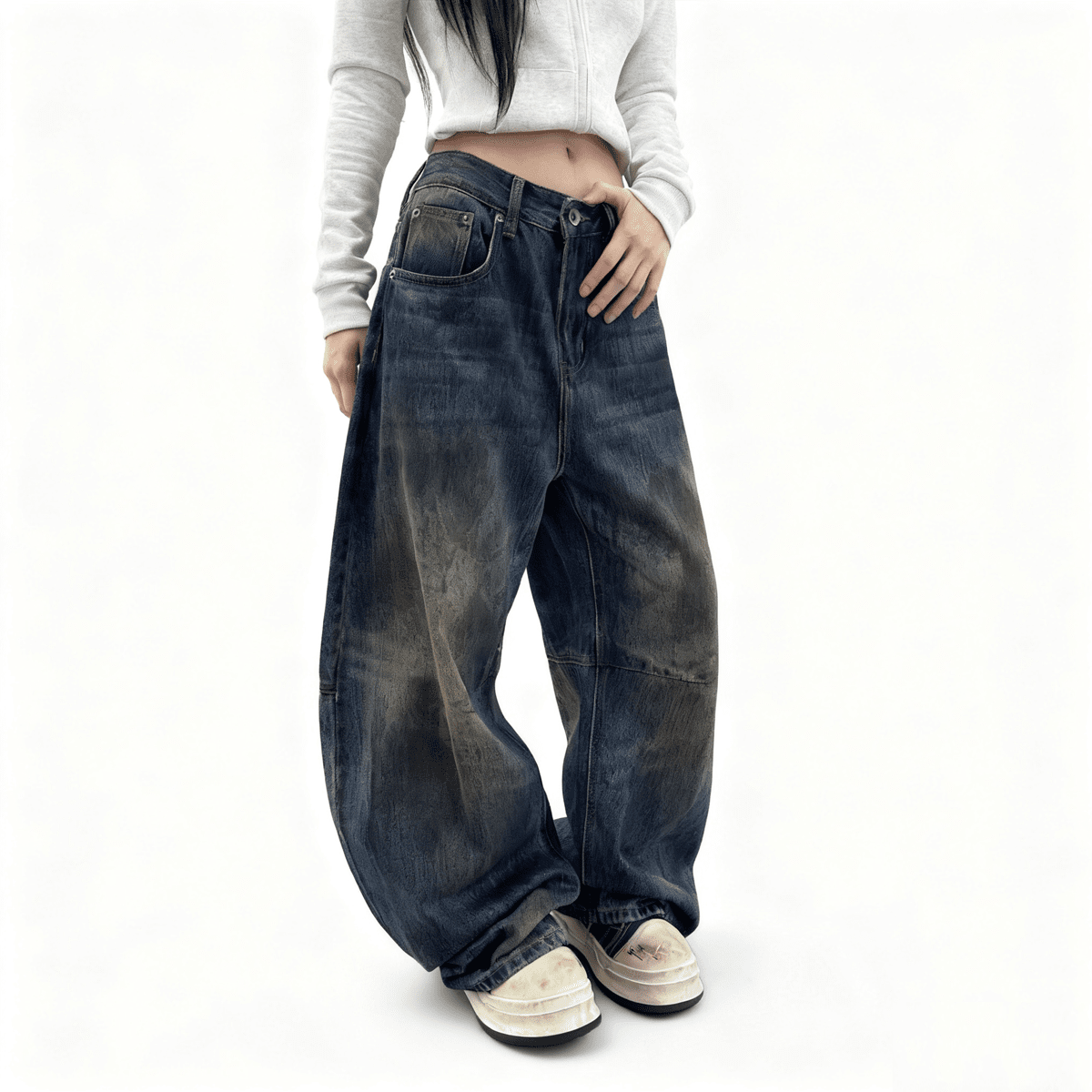 Unisex Patchwork Wide-leg Curved Blade Jeans