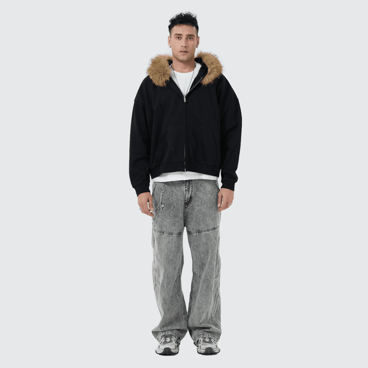 Unisex Heavyweight Fur-Trim Zip-Up Hoodie (400GSM)