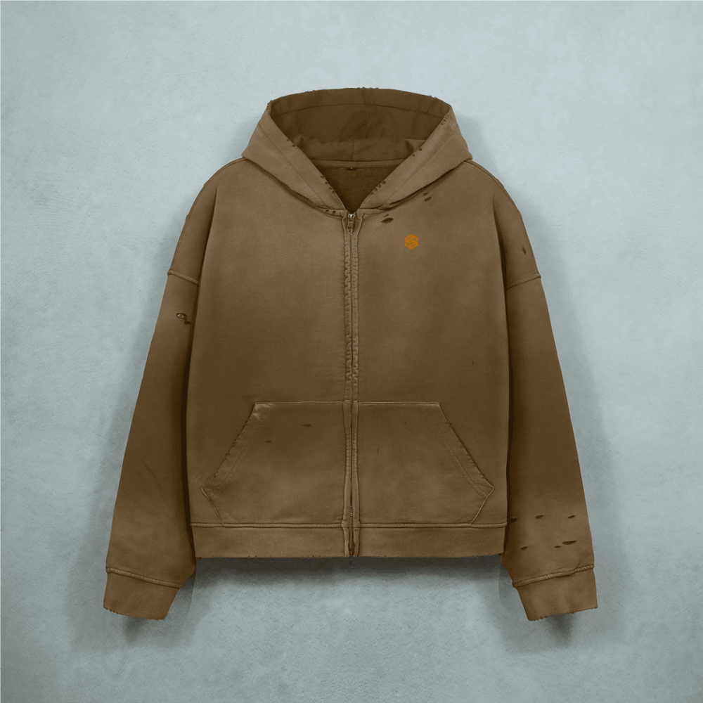 Unisex Heavyweight Washed Distressed Dystopian Streetwear Zip-Up Hoodie(420GSM)