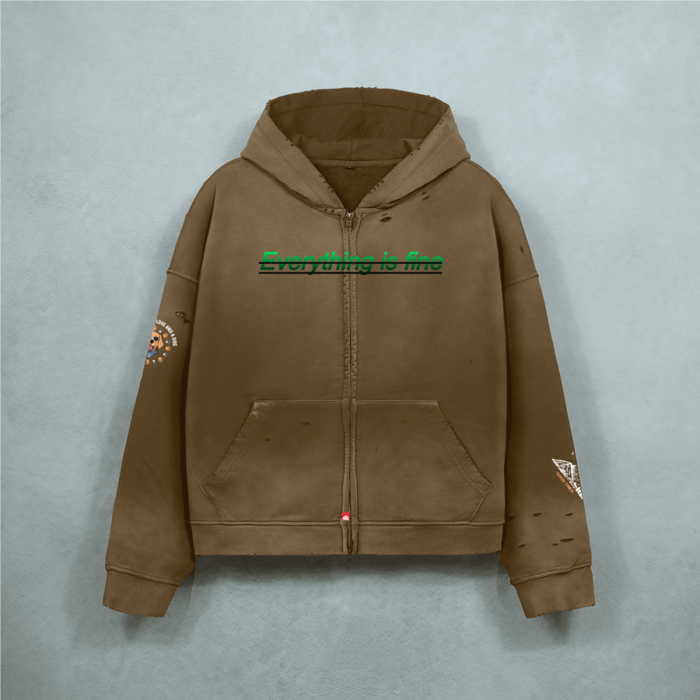 Unisex Heavyweight Washed Distressed Dystopian Streetwear Zip-Up Hoodie(420GSM)