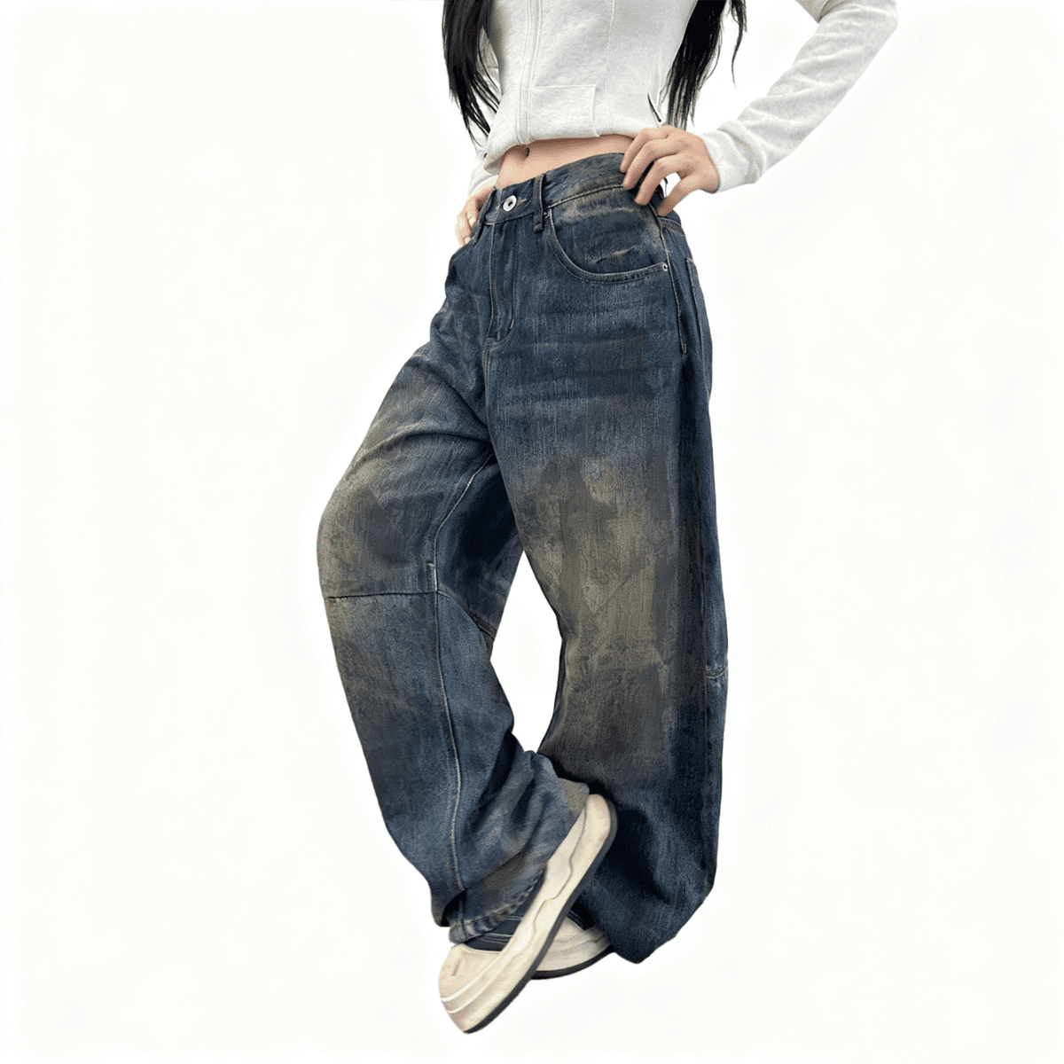Unisex Patchwork Wide-leg Curved Blade Jeans