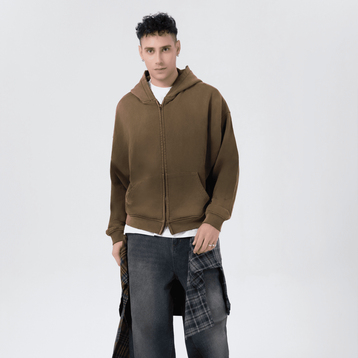 Unisex Heavyweight Washed Distressed Dystopian Streetwear Zip-Up Hoodie(420GSM)