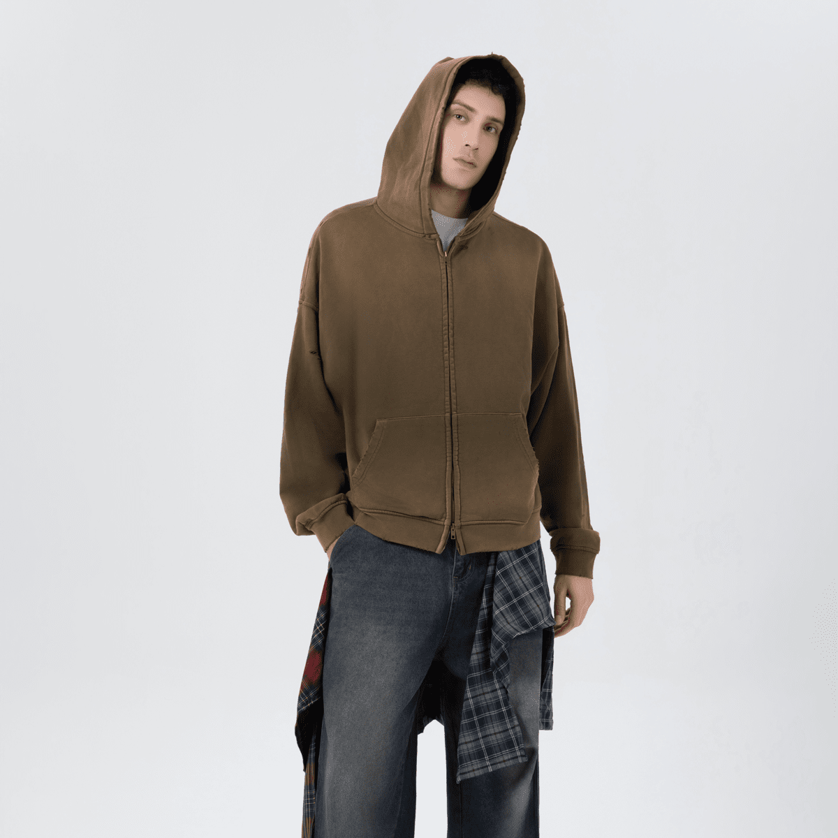 Unisex Heavyweight Washed Distressed Dystopian Streetwear Zip-Up Hoodie(420GSM)