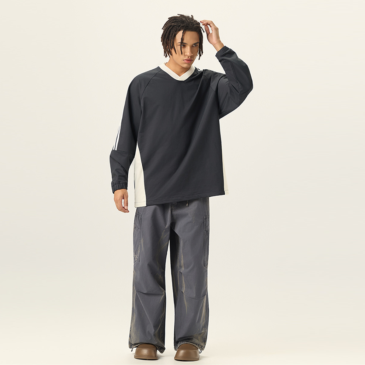 Colorblock V-neck Long Sleeve Shirt