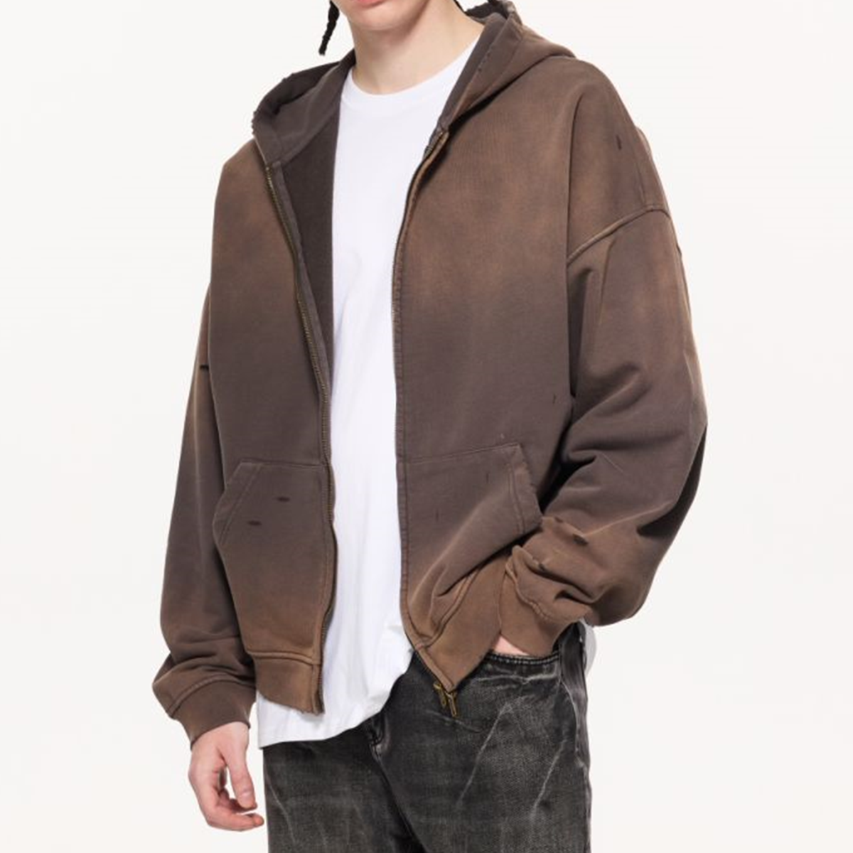 Unisex Washed Distressed Dystopian Streetwear Zip-Up Hoodie(420GSM)